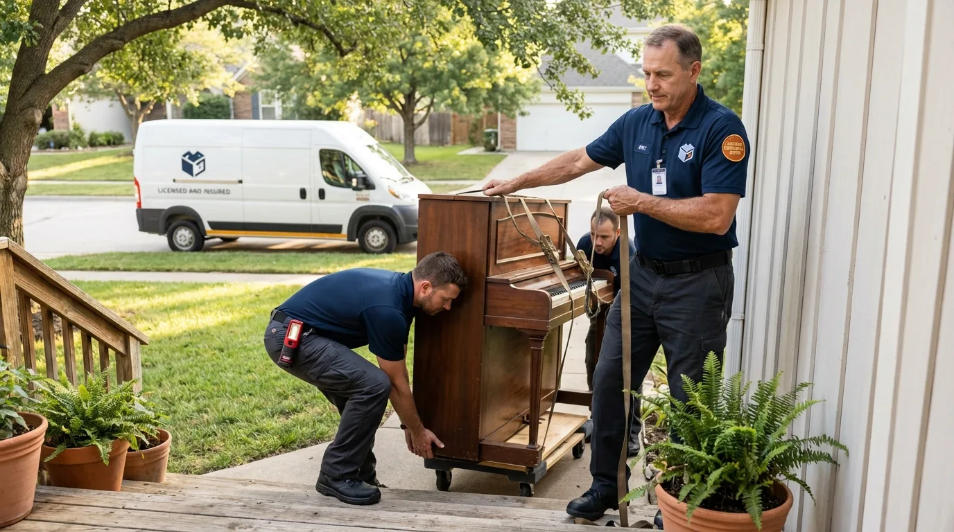 Licensed piano movers securing grand piano in Chico, TX