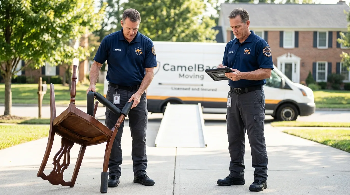 Movers inspecting furniture for damage prevention before loading in Chico, TX