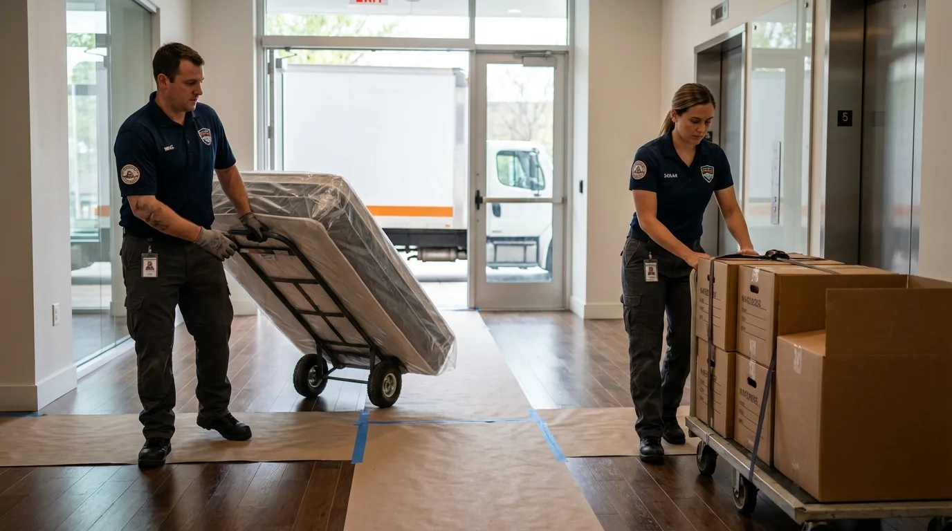 Professional apartment movers loading elevator in Chico, TX
